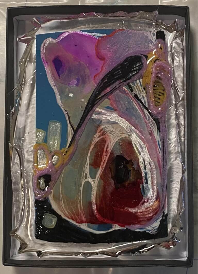 Isabel Cotarelo - 'Embryos Series 2- 4 Of 5' - Ink, Watercolor, Markers, 3Dpen On Paint Swatches Or Arches Paper. Encased In Resin. 4 H X 6 W $100