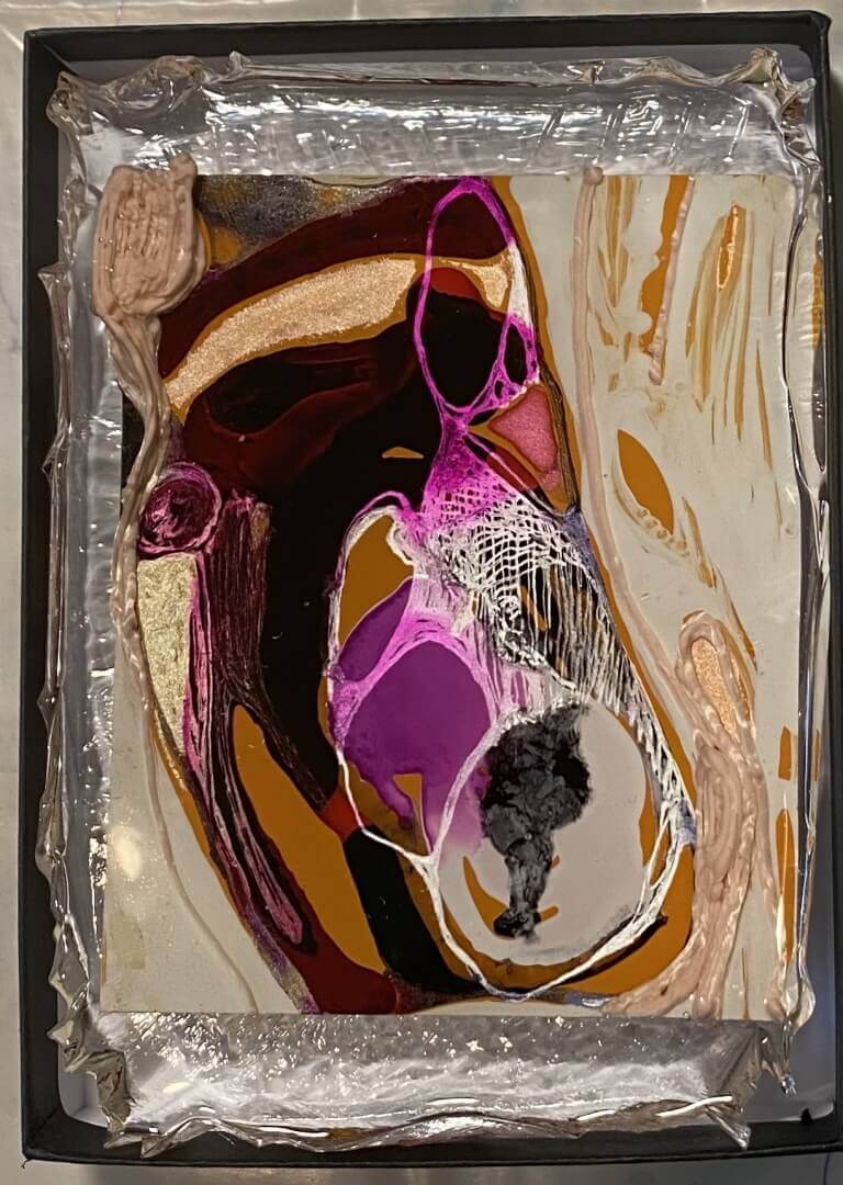 Isabel Cotarelo - 'Embryos Series 3- 3 Of 5' - Ink, Watercolor, Markers, 3Dpen On Paint Swatches Or Arches Paper. Encased In Resin. 4 H X 6 W $100
