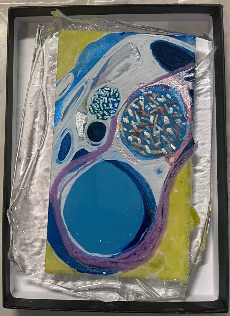 Isabel Cotarelo - 'Embryos Series 4- 3 Of 5' - Ink, Watercolor, Markers, 3Dpen On Paint Swatches Or Arches Paper. Encased In Resin. 4 H X 6 W $100