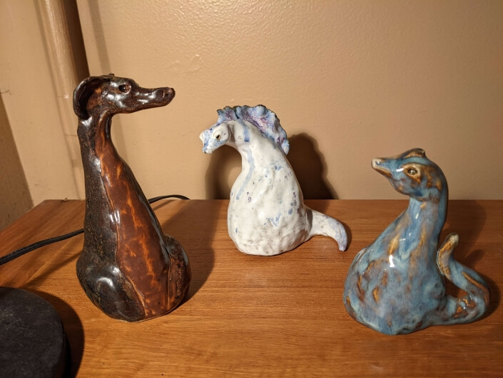 Trine Boode-Petersen – ‘Brown Dragon’ ‘White Dragon’ & ‘Blue Dragon’ – Clay, Glaze. 5 H X 4 W $45, $45, $40