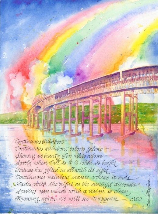Camille (Cami) Fischer – ‘Rainbow Fish By Fischer/Newburgh-Beacon-Hamilton Fish Bridge Over The Hudson’ – Watercolor. 24 H X 18 W $450
