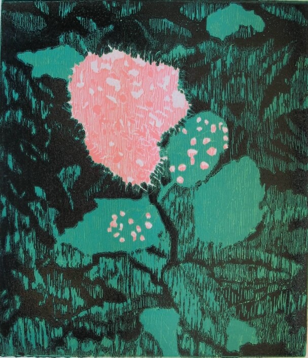 Linda Stoutenburg-Averin – ‘2 Blossoms’ – Woodcut Reduction. 20 H X 18 W $150