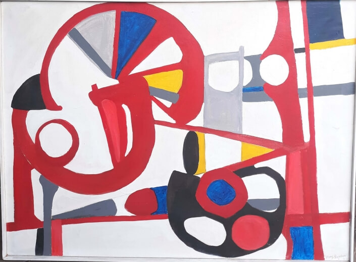 Mary Boscher – ‘Abstract Red Wheels’ – Acrylics. 40 H X 30 W $175
