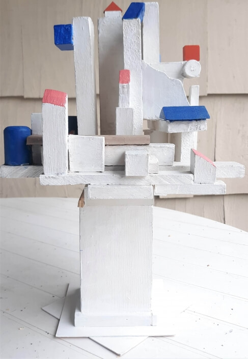 Mary Boscher – ‘Orange And Blue Sculpture’ – Wood, Acrylics, Glue. 16 H X 10 W $70