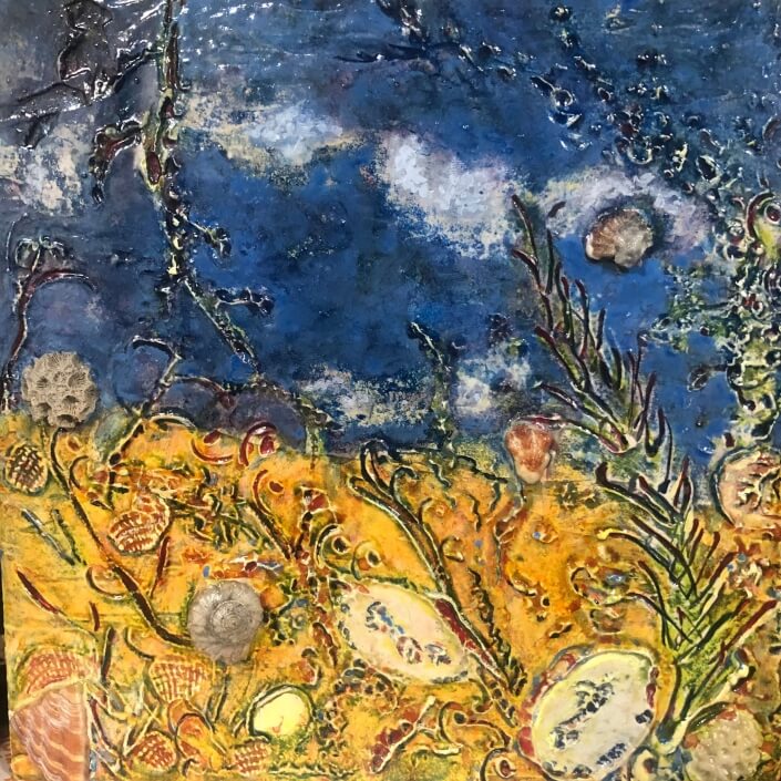 Natalie Boburka – ‘Tuesday Morning’ – Acrylic Paint And Beach Findings. 8 H X 8 W $300