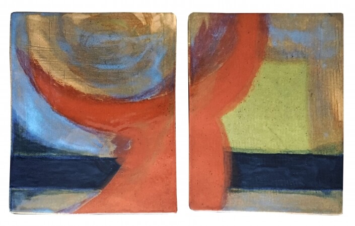 Neville Bean – ‘Dance Diptych’ – Ceramic – White Stoneware Panels Painted With A Blending Of Colors In Layered Glazes. 8 H X 14 W $1000