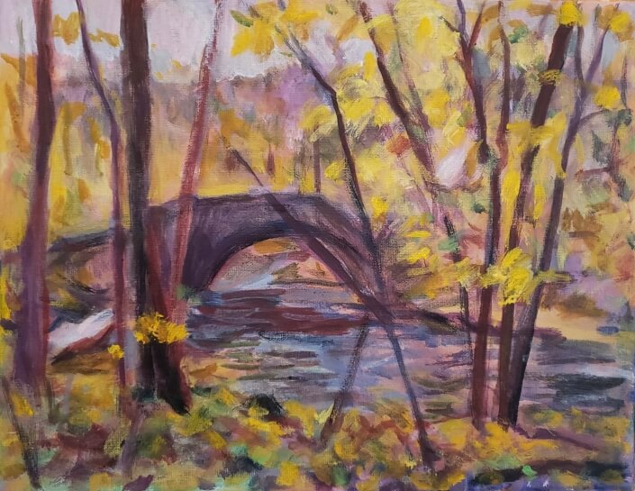Pam Krimsky – ‘A Bridge At Black Creek In Fall’ – Acrylic On Canvas. 11 H X 14 W $350