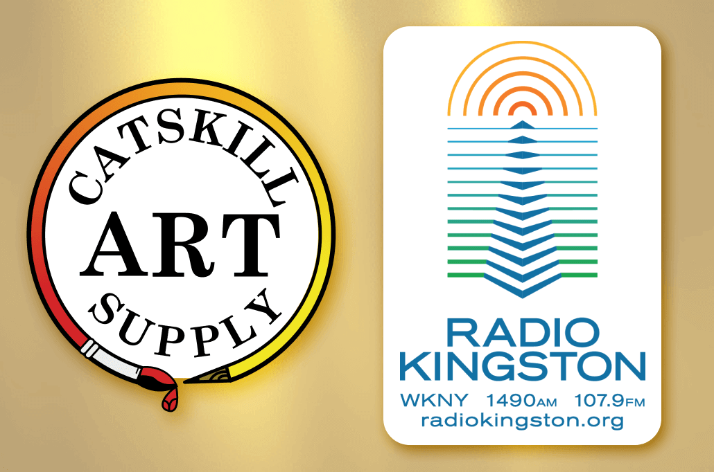 Catskill Art Supply logo and Radio Kingston logo on a gold background