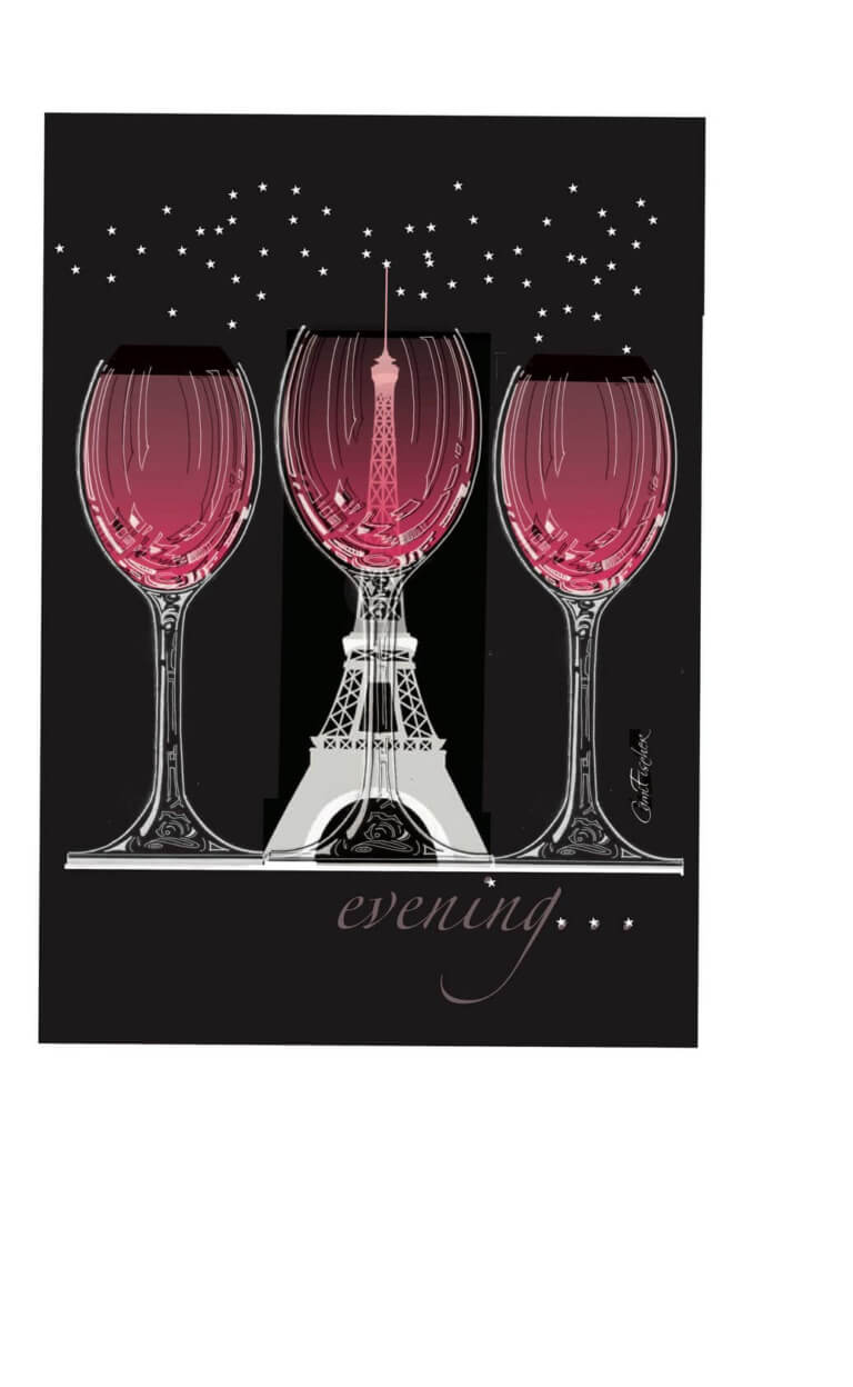 My line drawing of a glass I repeated to total 3 glassess and Eiffel Tower I printed in reverse (negative) becoming white fine line drawings on black background, filling glasses with transparent color of wine, add a few white stars from the keyboard and there is suggesting a Paris Evening!