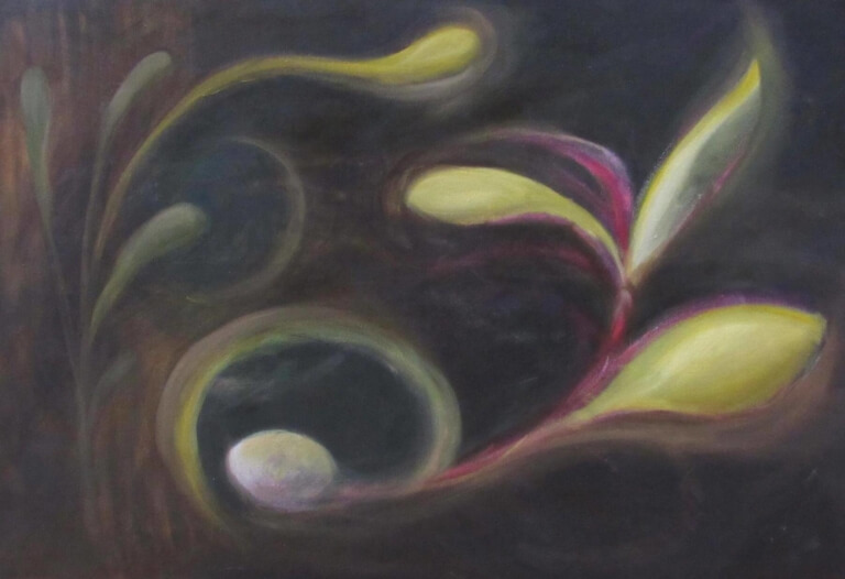 This painting shows a new, vibrational pod emerging from an ambiguous dark space