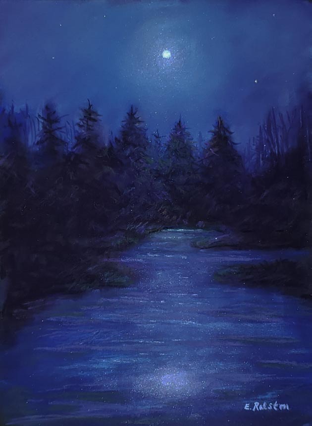 Night scene with moon and stars over a pine forest and reflecting in a pond.
