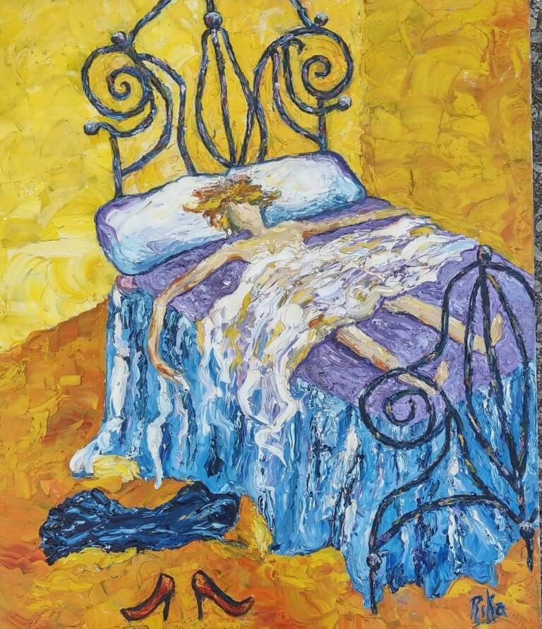 painting of a figure laying in bed in a yellow room