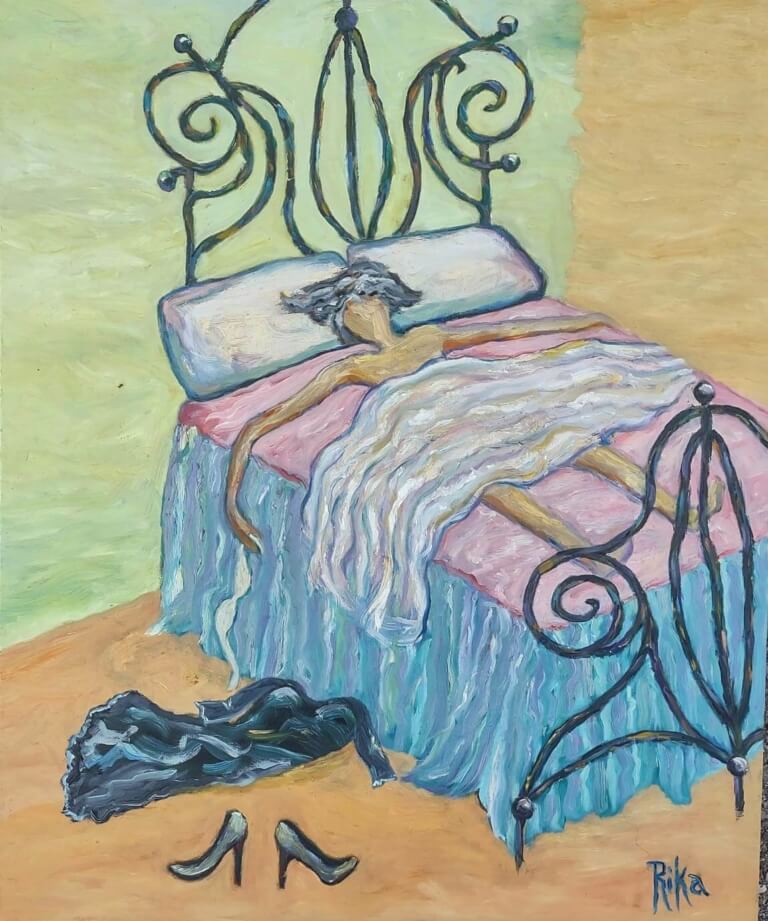 painting of a figure laying in bed in a green and orange room