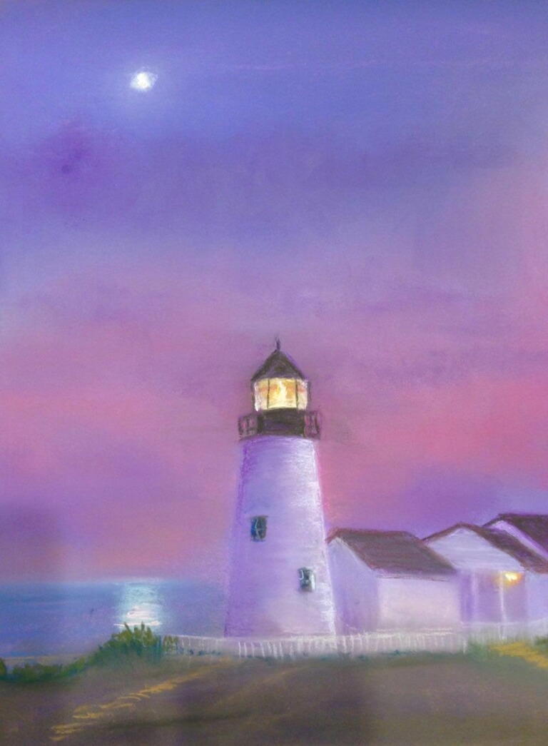A pastel drawing of a lighthouse in the moonlight