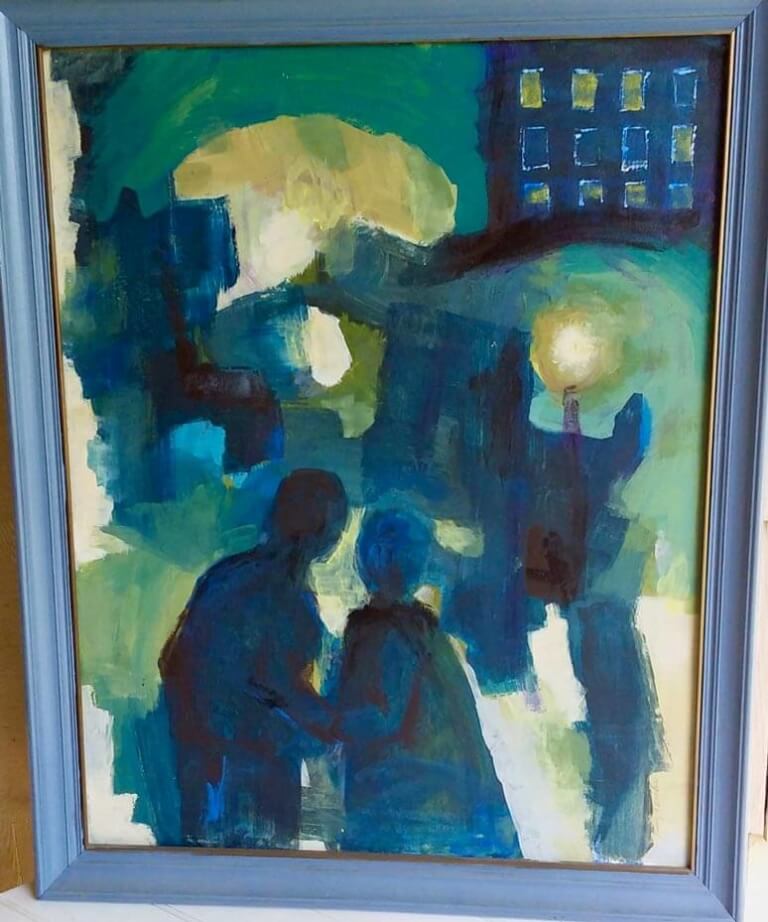 A couple strolling in the evening through town. Diffused shades of blue, black, green, and yellow.