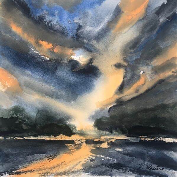 watercolor painting of a stormy night sky