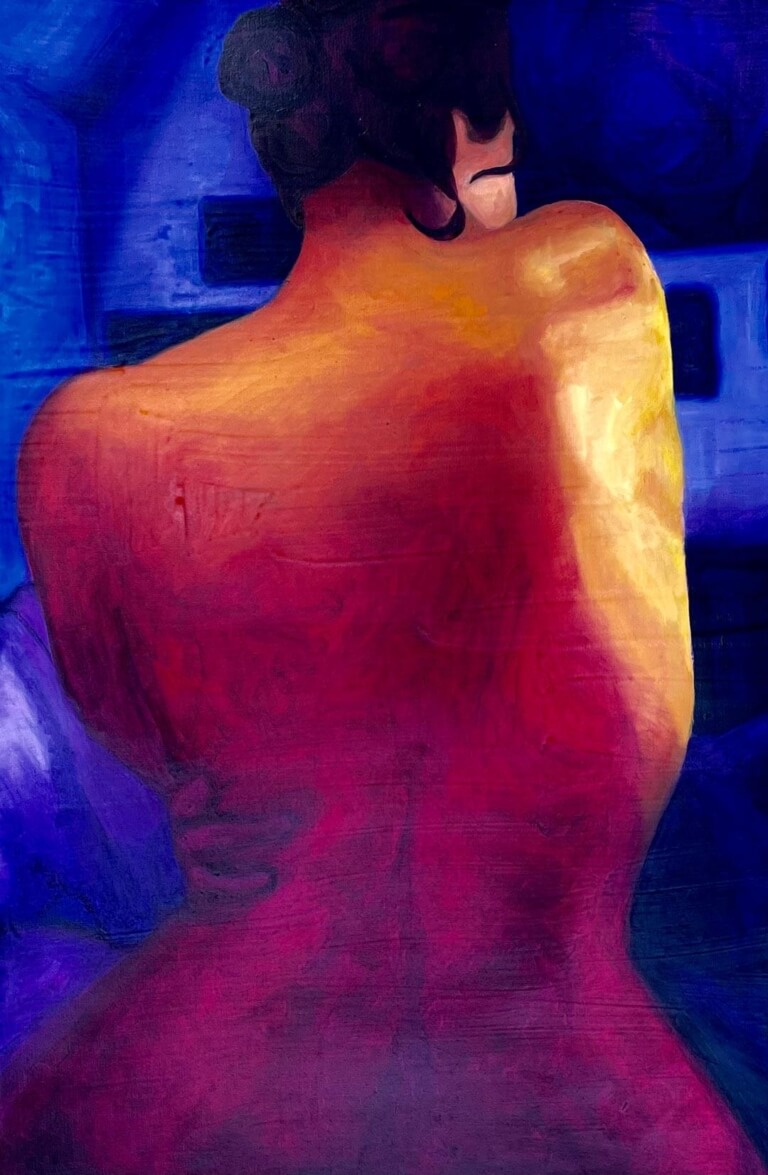 A female figure is viewed from the back, warm toned with a bright yellow adorning their right shoulder and as the light turns dark it turns orange to dark pink down their lower back. The back ground is cool toned, with hues of dark blues and light purples showing a bedroom scene. The figure has one hand wrapped around themselves and holding their lower back - their cheek slightly turned towards the viewer, as if they were about to look their way.